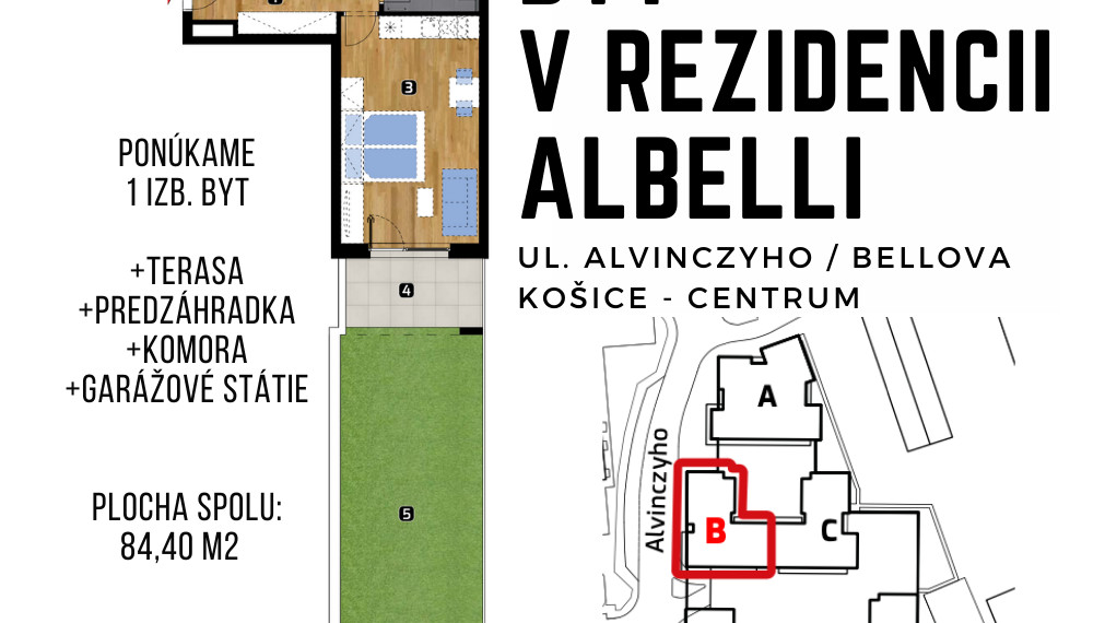 Rezervované: 1 izb. byt (84,40m2) v  ALBELLI, terasa a predzáhradka, centrum Košíc