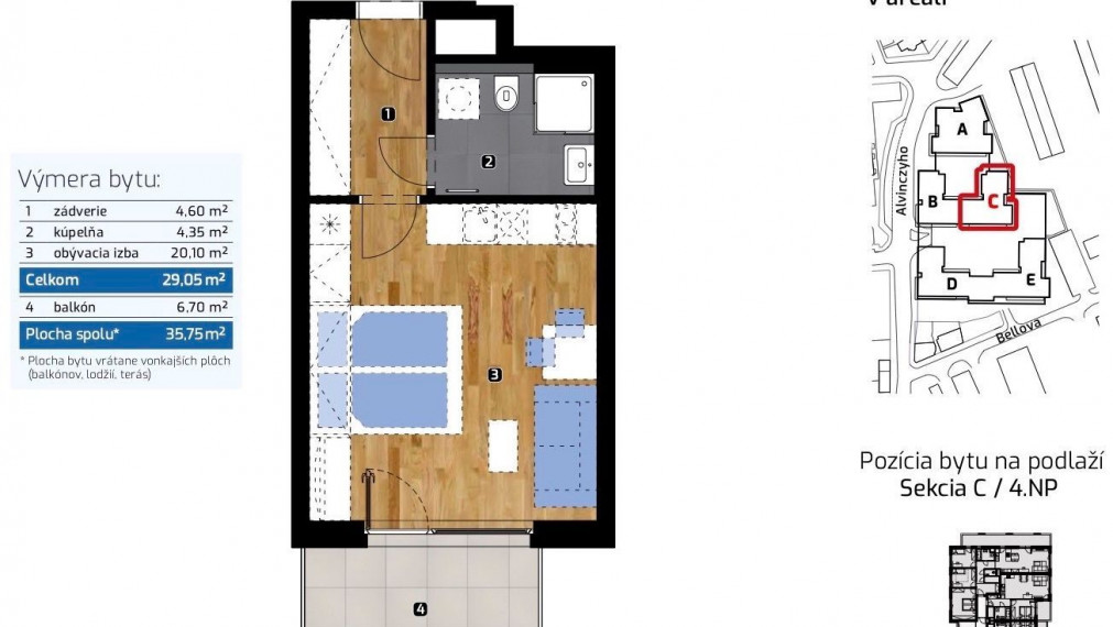 NOVÝ BYT: 1 izb. byt s balkónom (37,75 m2) + garážové státie v  ALBELLI, 4. posch., centrum Košíc