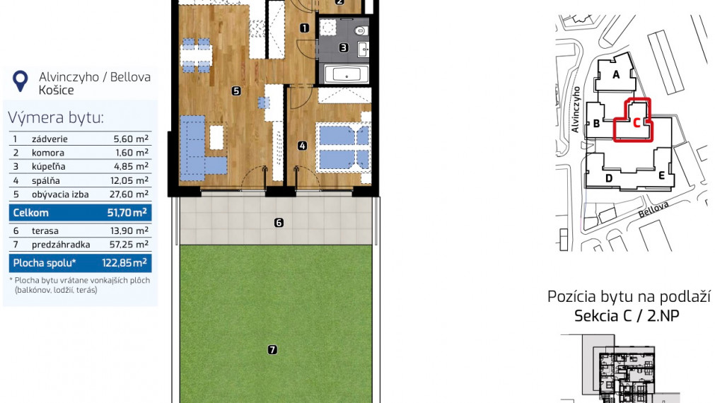 NOVOSTAVBA: 2 izb. byt (54,30m2) + terasa (13,90m2) a PREDZÁHRADKOU (37,75 m2) + garážové státie v  ALBELLI, 1. posch., centrum Košíc