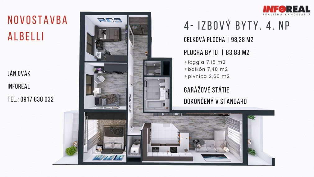 NOVOSTAVBA: 4 izb. byt (98,38 m2) v ŠTANDARDE, +balkón + loggia + garážové státie + pivnica, Košice - Staré mesto