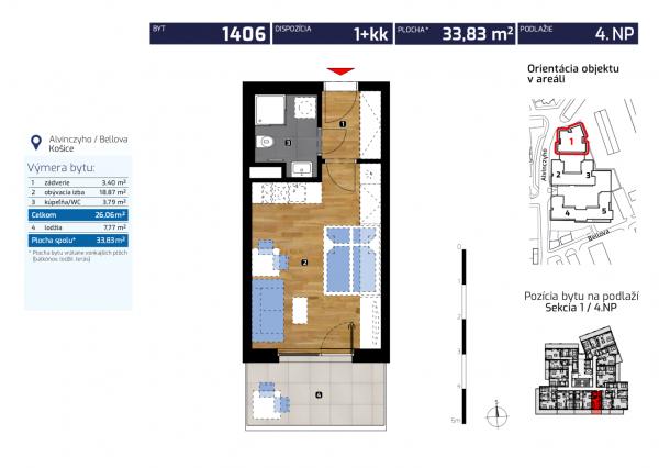 NOVOSTAVBA: 1 izb. byt (36,43 m2) + veľký balkón + garážové státie v novostavbe ALBELLI, centrum Košíc