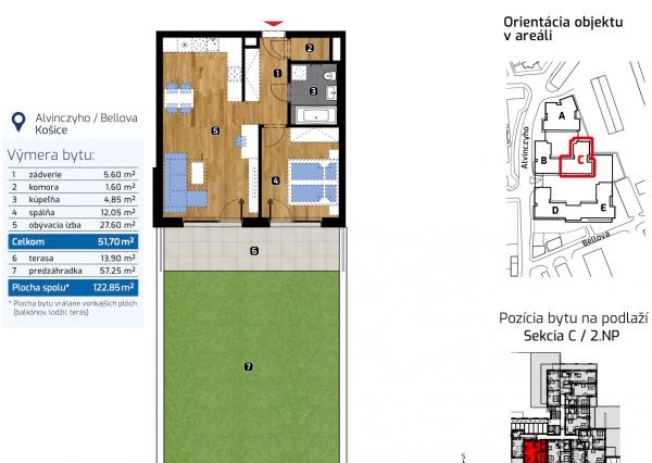 NOVOSTAVBA: 2 izb. byt (54,30m2) + terasa (13,90m2) a PREDZÁHRADKOU (37,75 m2) + garážové státie v ALBELLI, 1. posch., centrum Košíc